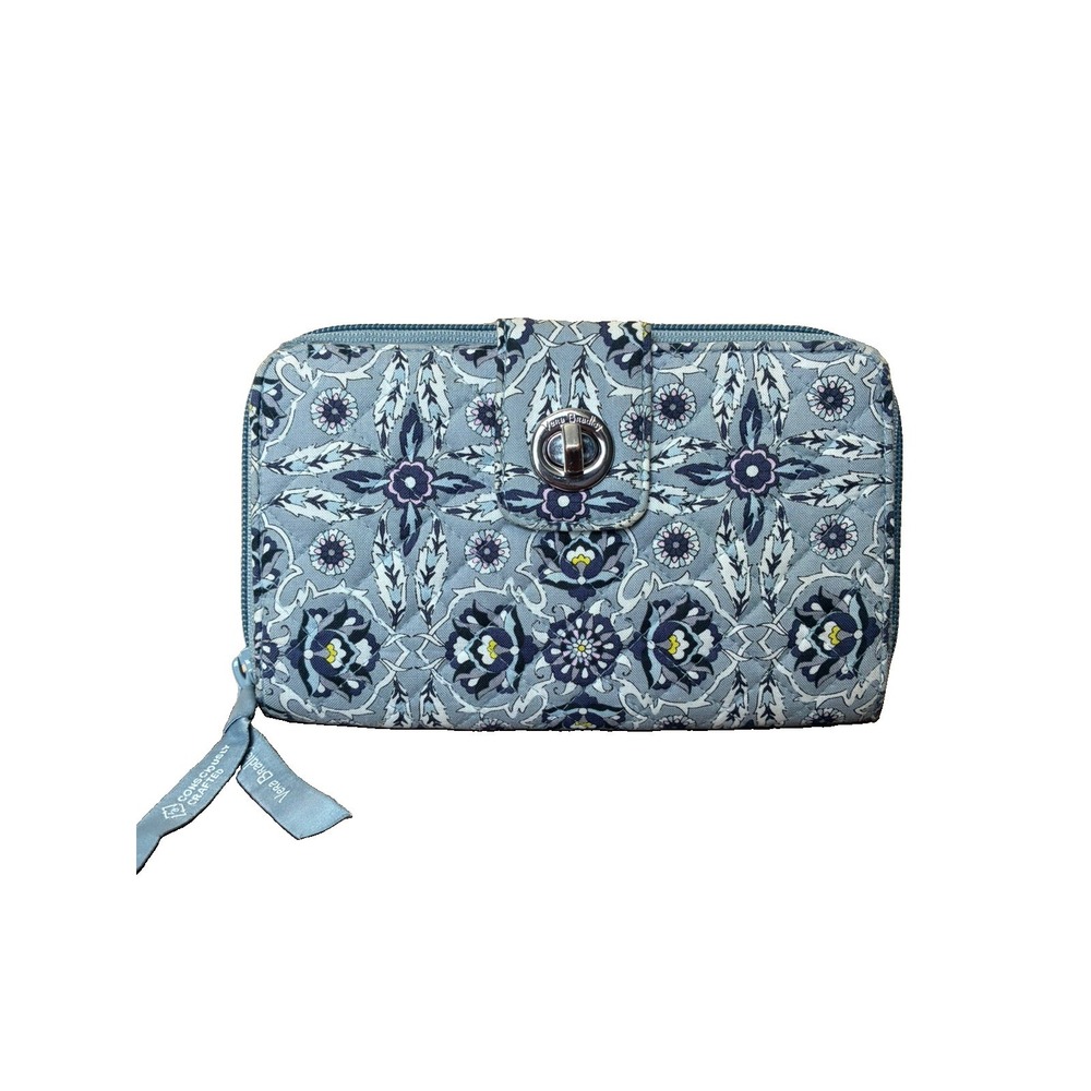 Vera Bradley Women's Blue Floral Pattern Fabric RFID Plaza Tile Turnlock Wallet